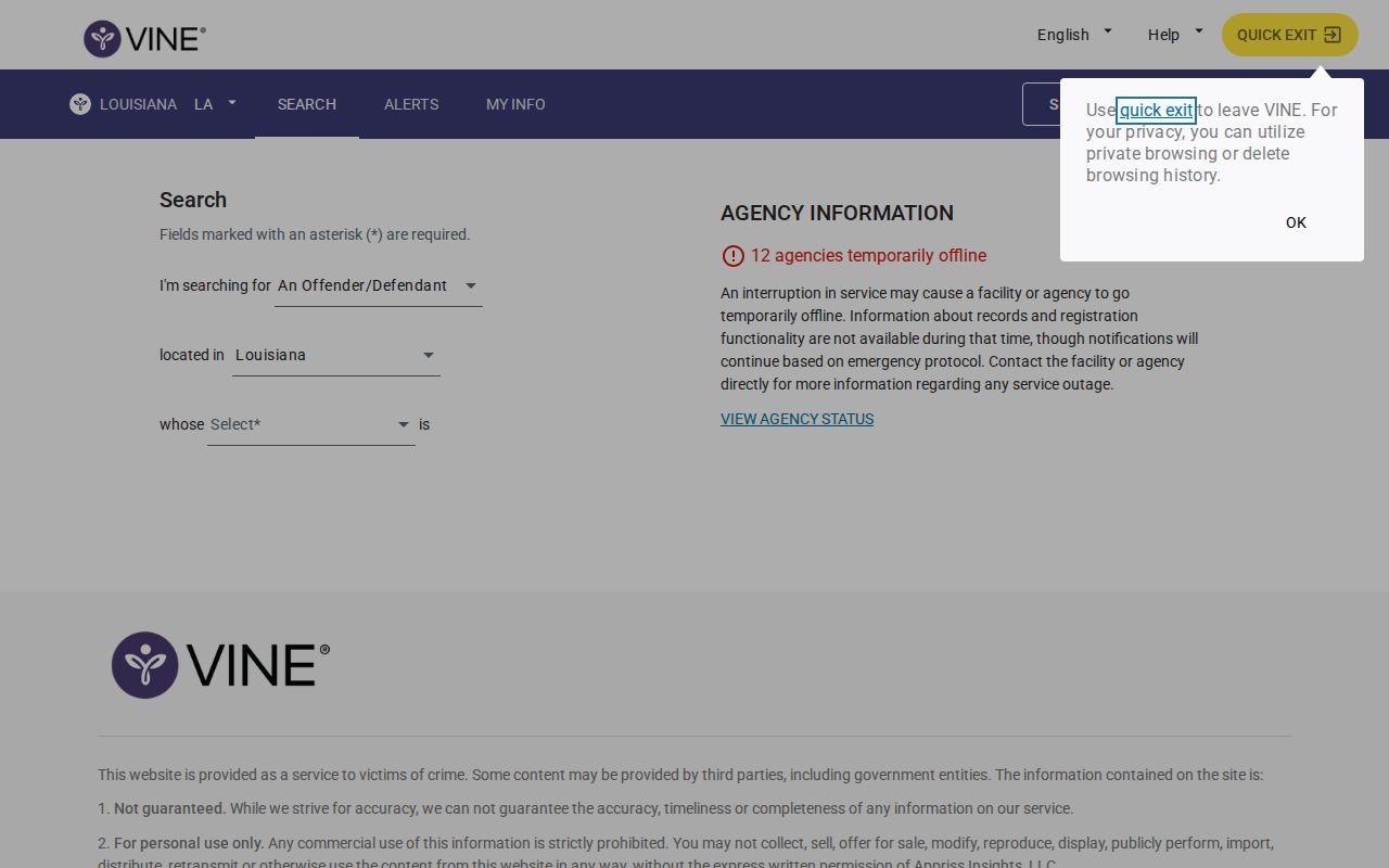 Official Louisiana VINELink person search screen