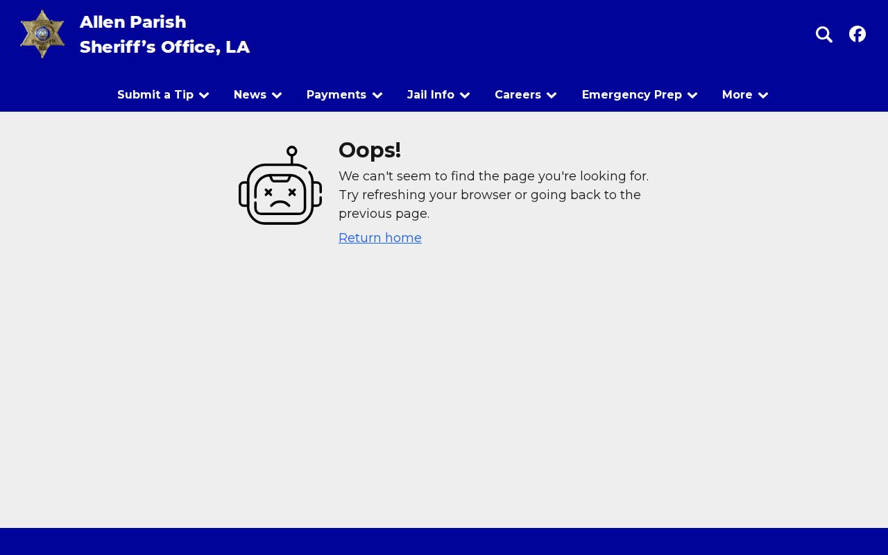 Allen Parish Sheriff official most wanted page showing unavailable content