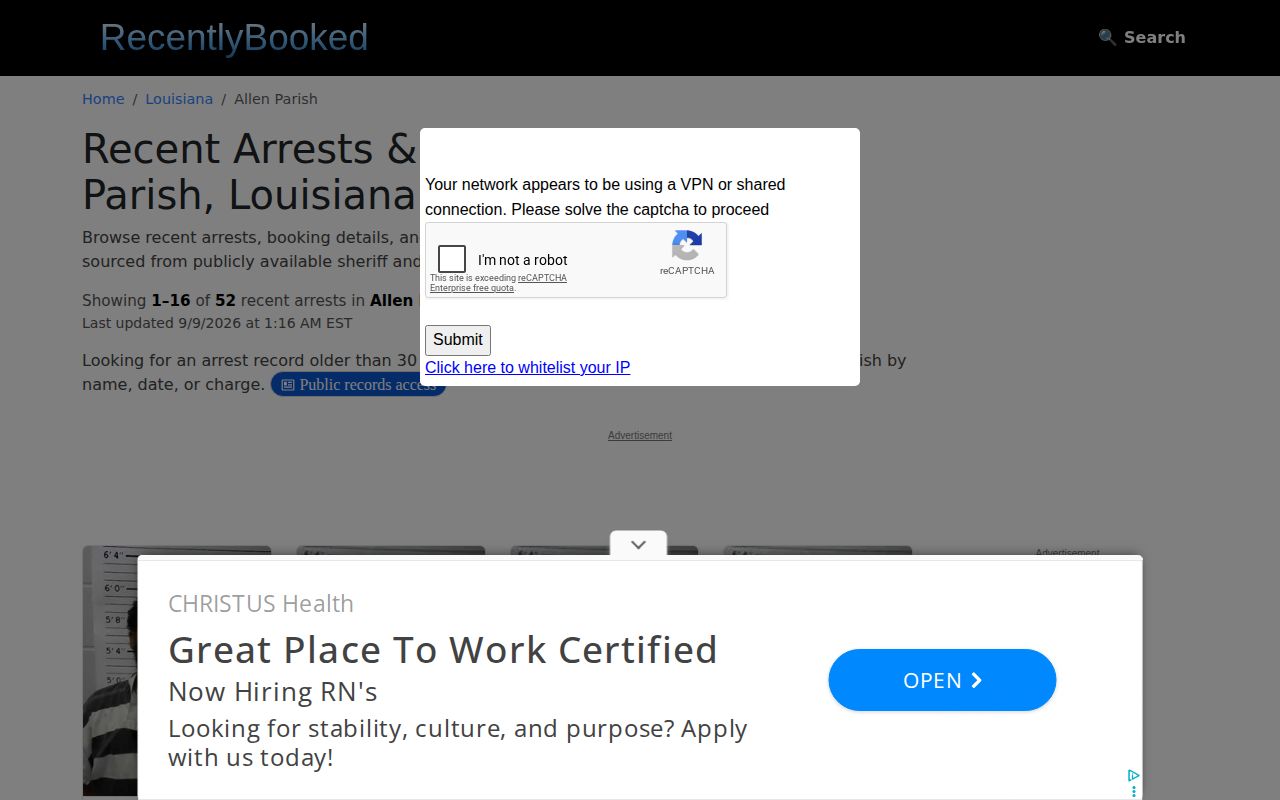 Unofficial RecentlyBooked Allen Parish recent records interface