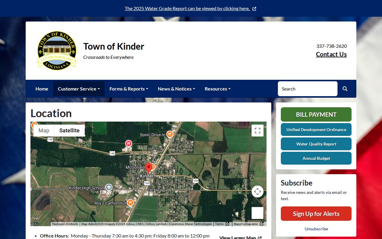 Official Kinder town contact page used for Kinder arrest record routing