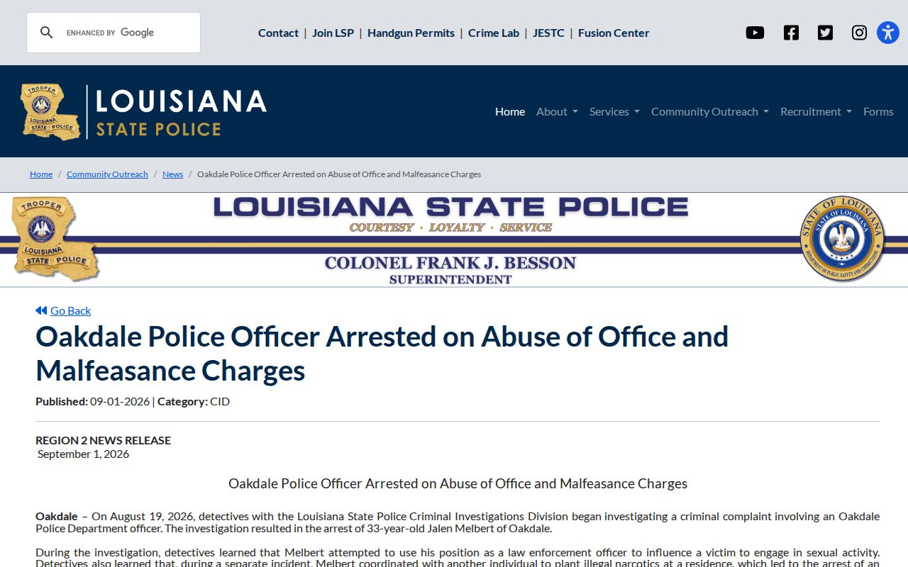 Louisiana State Police release explaining an Oakdale arrest and Allen Parish Jail booking