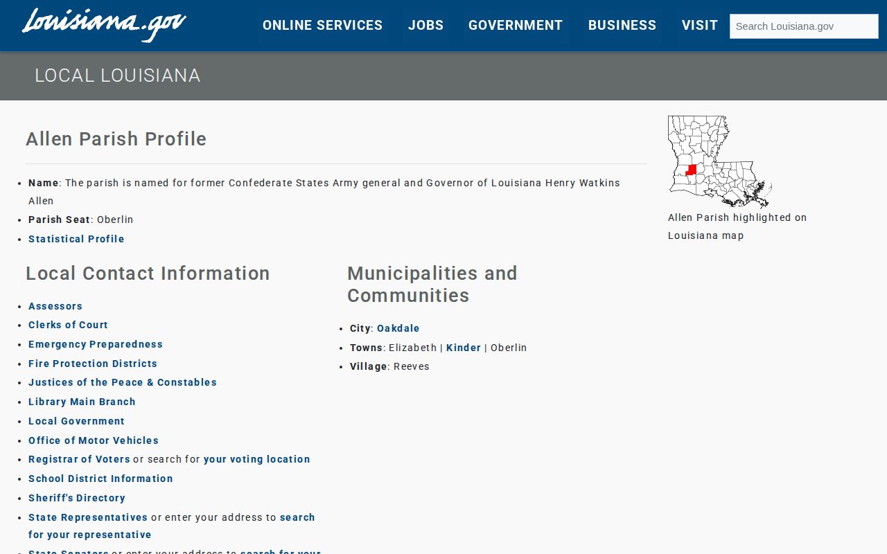 Louisiana government profile identifying Oberlin in Allen Parish arrest-record geography